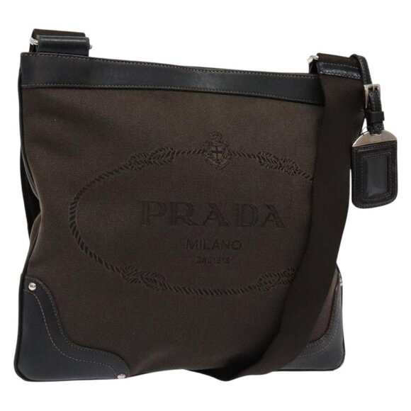 PRADA Shoulder Bag Canvas Leather Brown Silver Auth - Picture 1 of 16